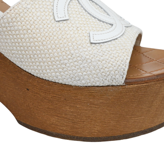 CHANEL | Ivory Woven CC Wooden Platform Sandals