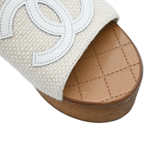 CHANEL | Ivory Woven CC Wooden Platform Sandals