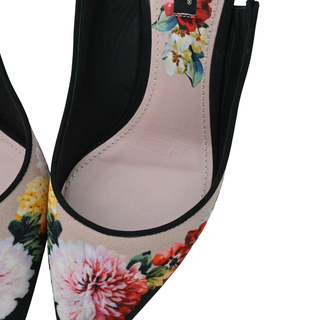 Black Floral Print Crystal Slingback Pumps