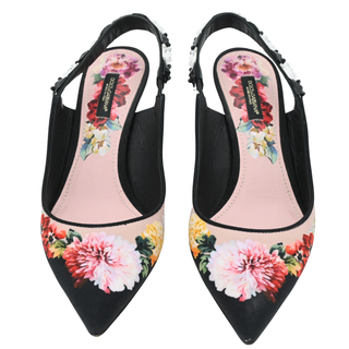 Black Floral Print Crystal Slingback Pumps