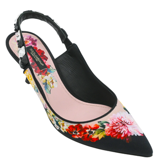 Black Floral Print Crystal Slingback Pumps