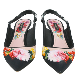 Black Floral Print Crystal Slingback Pumps