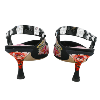 Black Floral Print Crystal Slingback Pumps