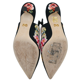 Black Floral Print Crystal Slingback Pumps
