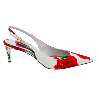 Red Floral Print Canvas Slingback Heels