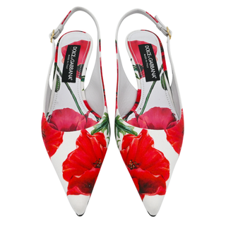 Red Floral Print Canvas Slingback Heels