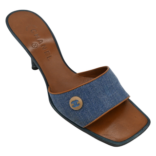 CHANEL | Denim & Tan Leather Heeled Mules
