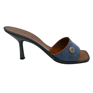 CHANEL | Denim & Tan Leather Heeled Mules