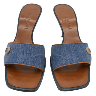 CHANEL | Denim & Tan Leather Heeled Mules