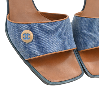 CHANEL | Denim & Tan Leather Heeled Mules