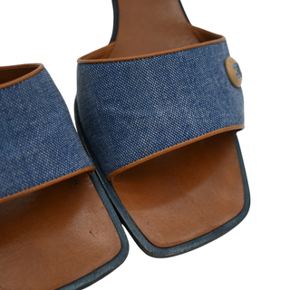 CHANEL | Denim & Tan Leather Heeled Mules
