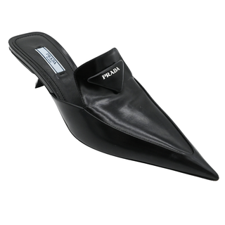 PRADA | Black Triangle Logo Leather Mules