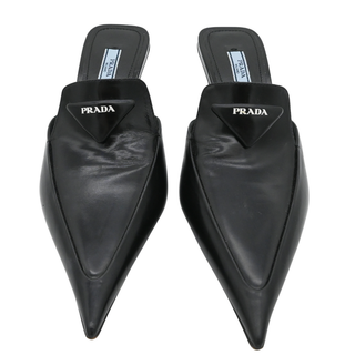 PRADA | Black Triangle Logo Leather Mules
