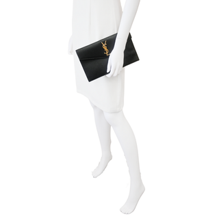 Black Uptown Grain de Poudre Leather Logo Pouch Clutch