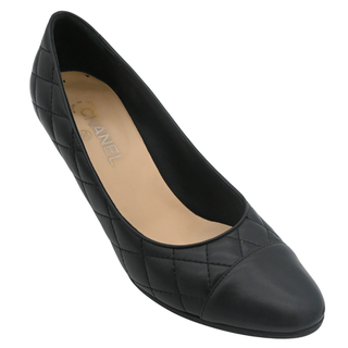 CHANEL | Black Quilted Leather Cap Toe Pumps