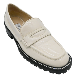 JIMMY CHOO | Deanna Ivory Patent Leather Crystal Trim Lug Sole Loafers