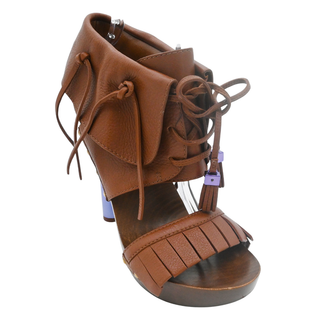 LOUIS VUITTON | Brown Leather Fringe Platform Clog Heels