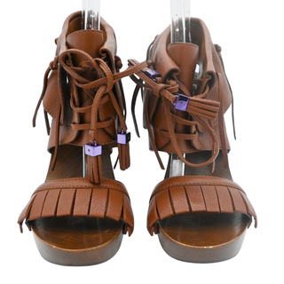 Brown Leather Fringe Platform Clog Heels