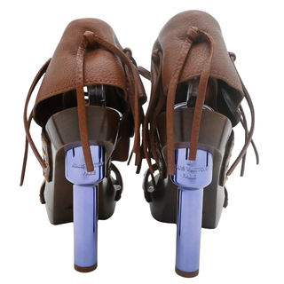Brown Leather Fringe Platform Clog Heels