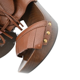 Brown Leather Fringe Platform Clog Heels
