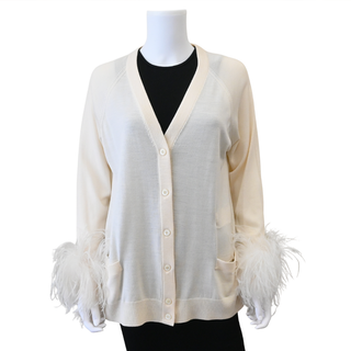 Ivory Feather Trimmed Knit Cardigan