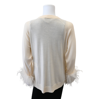 Ivory Feather Trimmed Knit Cardigan