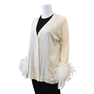 Ivory Feather Trimmed Knit Cardigan