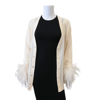 Ivory Feather Trimmed Knit Cardigan