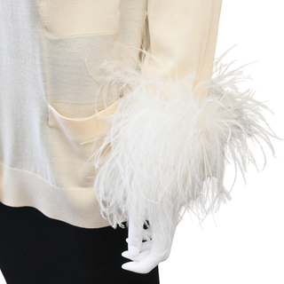 Ivory Feather Trimmed Knit Cardigan