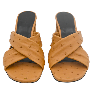 KHAITE | Liria Tan Ostrich Leather Crisscross Mule Sandals