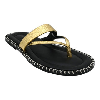 Whipstitch Croc-Embossed Gold Metallic Leather Thong Sandals