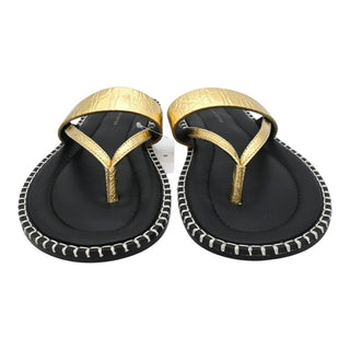 Whipstitch Croc-Embossed Gold Metallic Leather Thong Sandals