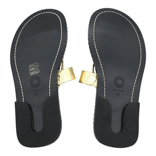 Whipstitch Croc-Embossed Gold Metallic Leather Thong Sandals