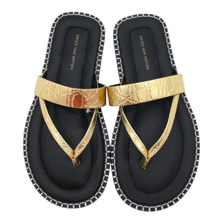 Whipstitch Croc-Embossed Gold Metallic Leather Thong Sandals