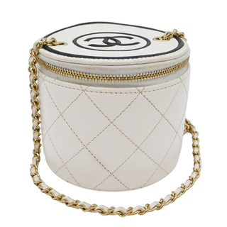 White Quilted Mini Round Vanity Case With Chain