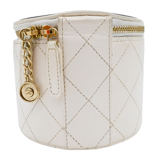 White Quilted Mini Round Vanity Case With Chain