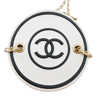 White Quilted Mini Round Vanity Case With Chain