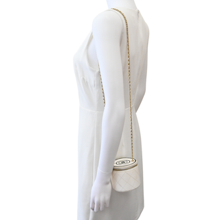 White Quilted Mini Round Vanity Case With Chain