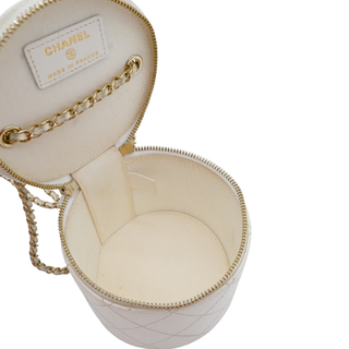 White Quilted Mini Round Vanity Case With Chain