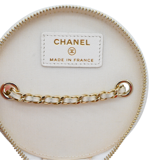 White Quilted Mini Round Vanity Case With Chain