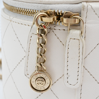 White Quilted Mini Round Vanity Case With Chain