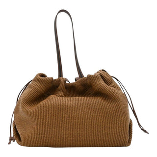 Tan Raffia Leather Trim Beaded Tote Bag