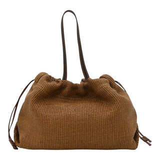 BRUNELLO CUCINELLI | Tan Raffia Leather Trim Beaded Tote Bag