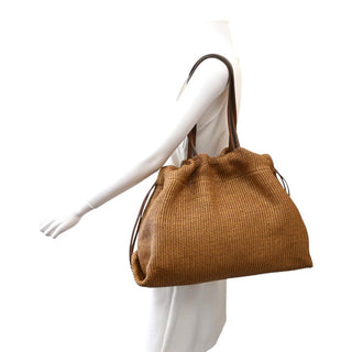 BRUNELLO CUCINELLI | Tan Raffia Leather Trim Beaded Tote Bag