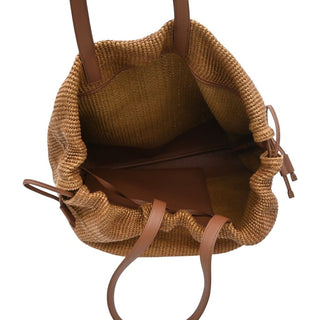 BRUNELLO CUCINELLI | Tan Raffia Leather Trim Beaded Tote Bag