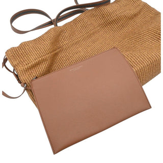 Tan Raffia Leather Trim Beaded Tote Bag