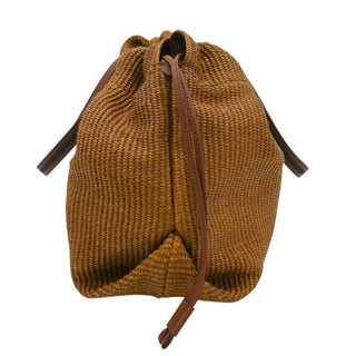 BRUNELLO CUCINELLI | Tan Raffia Leather Trim Beaded Tote Bag