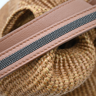 BRUNELLO CUCINELLI | Tan Raffia Leather Trim Beaded Tote Bag