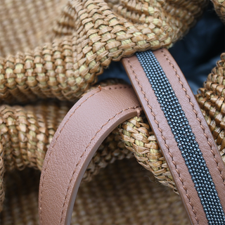 BRUNELLO CUCINELLI | Tan Raffia Leather Trim Beaded Tote Bag