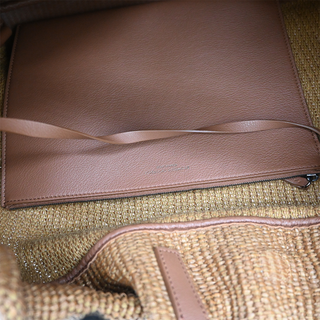 BRUNELLO CUCINELLI | Tan Raffia Leather Trim Beaded Tote Bag